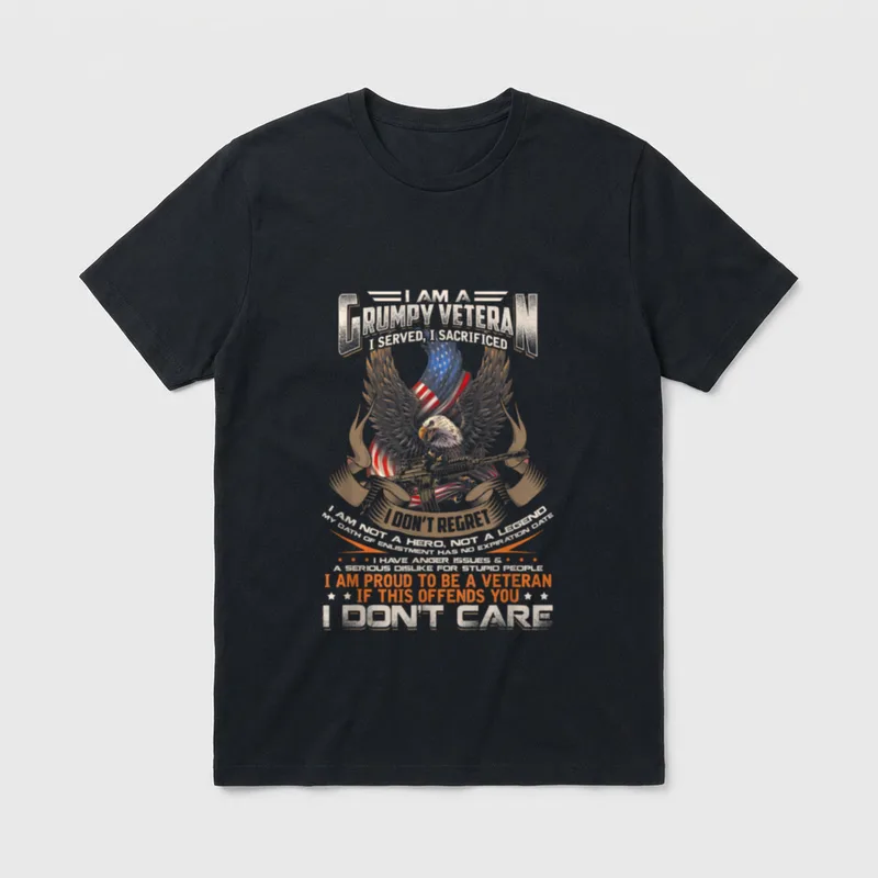 I Am a Grumpy Old Served T-Shirt – Eagle holding rifle with veteran service and sacrifice text – Classic T-Shirt in Black