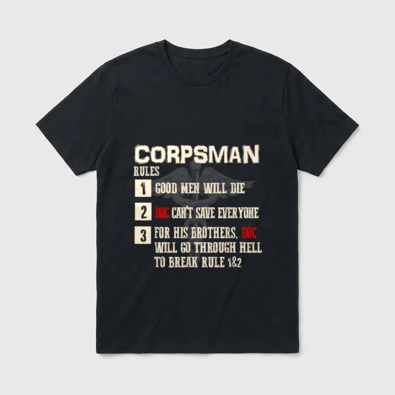 Navy Corpsman Rules T-Shirt – Three rules in cream text with red accents, eagle and anchor emblem – Classic T-Shirt in Black