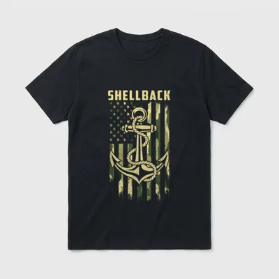 Shellback Naval Veteran T-Shirt – "SHELLBACK" text with anchor and rope inside camouflage flag – Classic T-Shirt in Black
