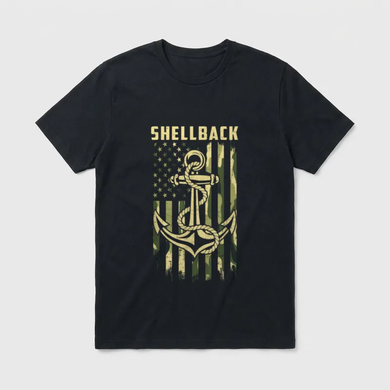 Shellback Naval Veteran T-Shirt – "SHELLBACK" text with anchor and rope inside camouflage flag – Classic T-Shirt in Black