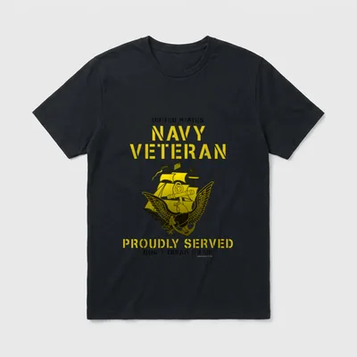 Navy Service Veteran T-Shirt – Text reading Navy Veteran Proudly Served with eagle emblem – Classic T-Shirt in Black