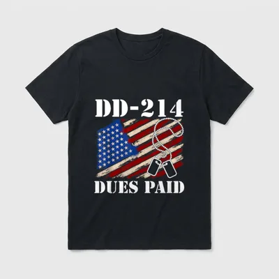 DD-214 Dues Paid Veteran T-Shirt – DD-214 Dues Paid text with dog tags and weathered American flag – Classic T-Shirt in Black