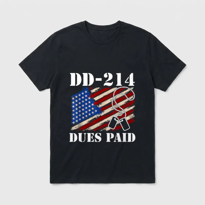DD-214 Dues Paid Veteran T-Shirt – DD-214 Dues Paid text with dog tags and weathered American flag – Classic T-Shirt in Black