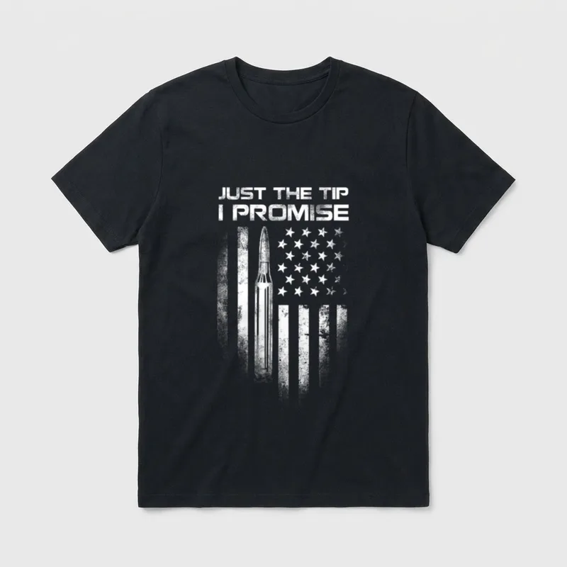 Veteran Pride Shirt – Just The Tip I Promise in weathered lettering above US flag – Classic T-Shirt in Black