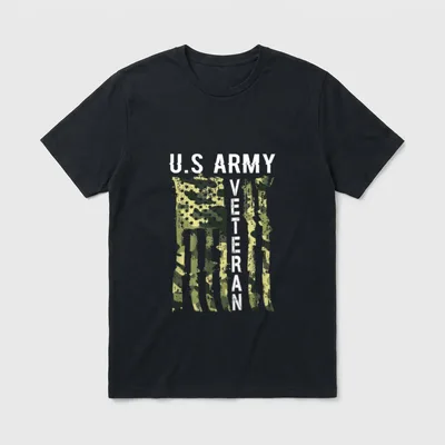 Veteran Camo Patriotic T-Shirt – U.S ARMY and VETERAN text with yellow-green camouflage stripes – Classic T-Shirt in Black