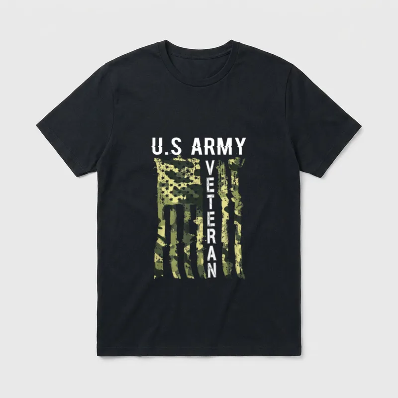 Veteran Camo Patriotic T-Shirt – U.S ARMY and VETERAN text with yellow-green camouflage stripes – Classic T-Shirt in Black