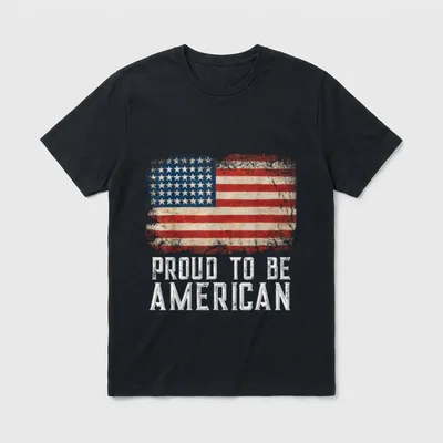 USA Flag Patriotic Citizen T-Shirt – Distressed USA flag with "PROUD TO BE AMERICAN" text below – Classic T-Shirt in Black