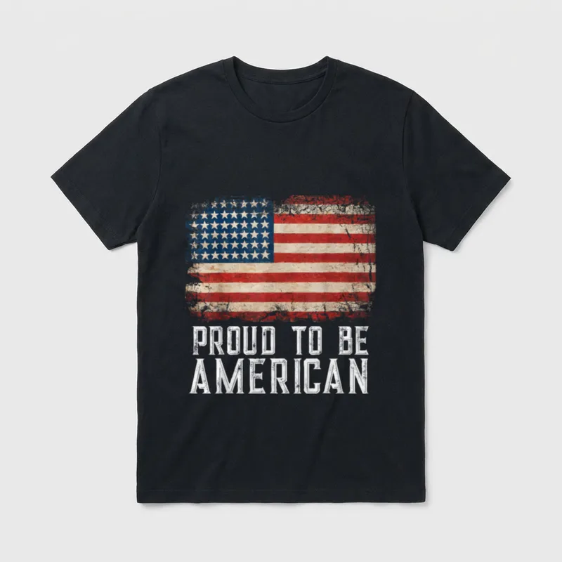 USA Flag Patriotic Citizen T-Shirt – Distressed USA flag with "PROUD TO BE AMERICAN" text below – Classic T-Shirt in Black
