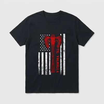 Til Valhalla Veteran T-Shirt – TIL VALHALLA text with ornamental Norse axe on American flag – Classic T-Shirt in Black
