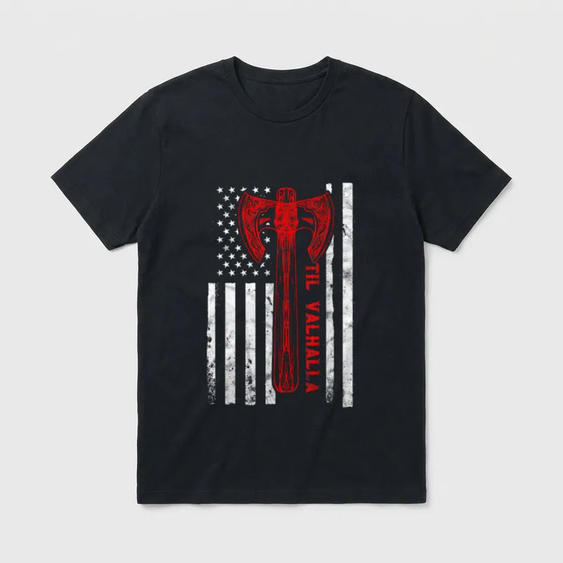 Til Valhalla Veteran T-Shirt – TIL VALHALLA text with ornamental Norse axe on American flag – Classic T-Shirt in Black