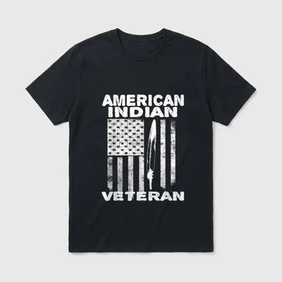 Indigenous Veteran Patriotic T-Shirt – American Indian Veteran text with flag and feather – Classic T-Shirt in Black