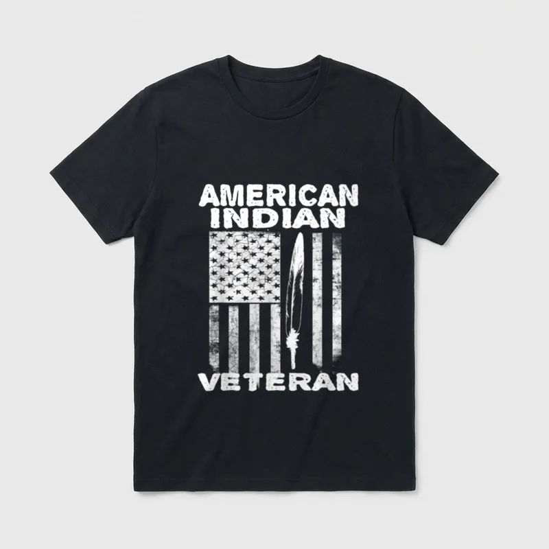 Indigenous Veteran Patriotic T-Shirt – American Indian Veteran text with flag and feather – Classic T-Shirt in Black