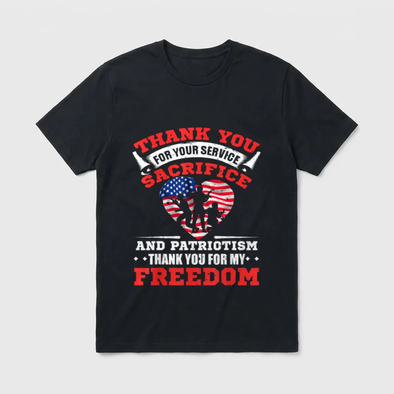 Veterans Fourth Of July T-Shirt – American flag heart with thank you text for service and freedom – Classic T-Shirt in Black