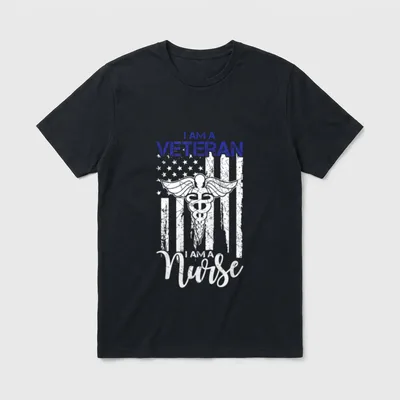 Veteran Nurse American Flag T-Shirt – I Am A Veteran I Am A Nurse in white text – Classic T-Shirt in Black