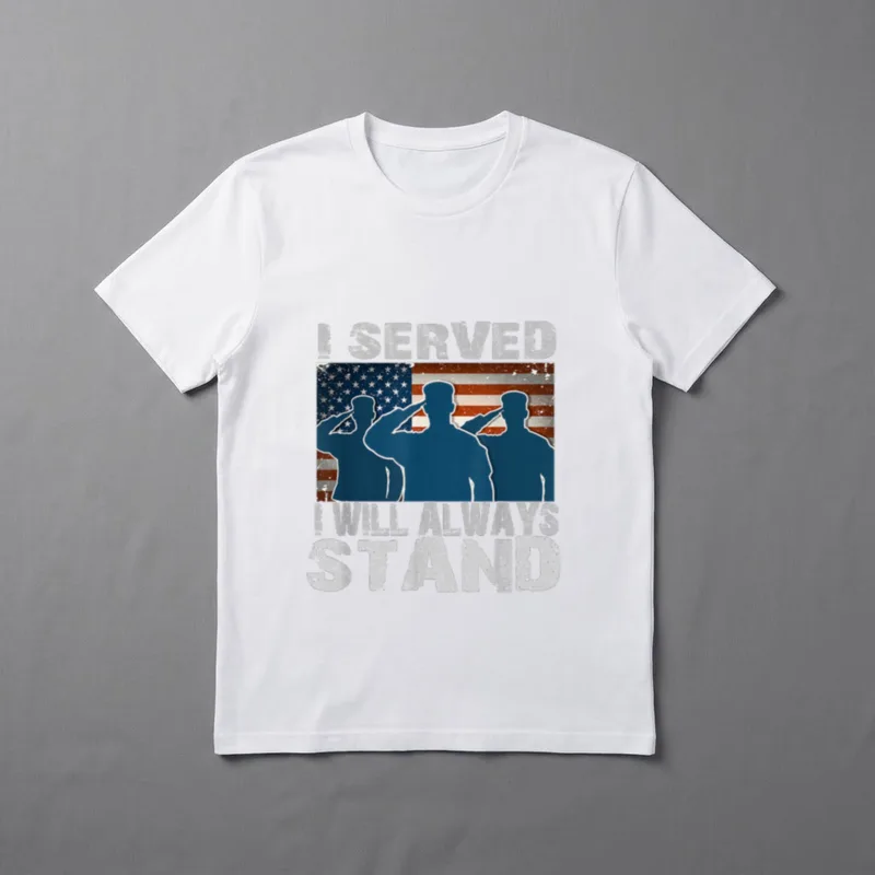 USA Flag Veteran Pride T-Shirt – I SERVED and I WILL ALWAYS STAND with three silhouetted soldiers – Classic T-Shirt in Black