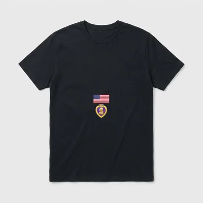 Purple Heart Veteran Pride T-Shirt – American flag above purple heart medal with gold frame – Classic T-Shirt in Black