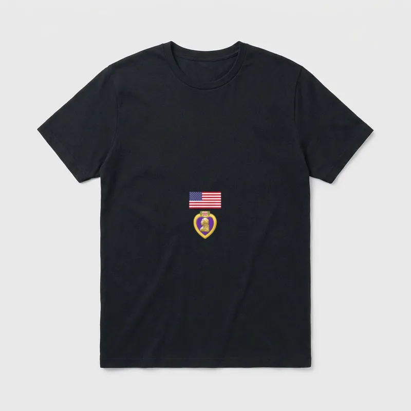 Purple Heart Veteran Pride T-Shirt – American flag above purple heart medal with gold frame – Classic T-Shirt in Black