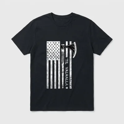 American Patriotic Veteran T-Shirt – "til valhalla" text with battle axe on US flag – Classic T-Shirt in Black