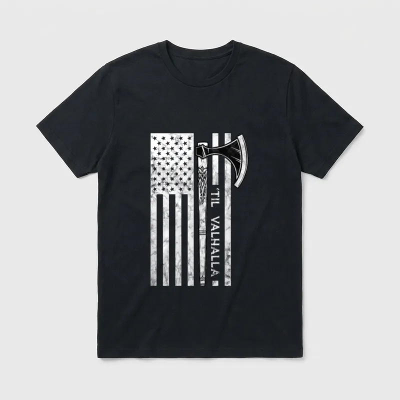 American Patriotic Veteran T-Shirt – "til valhalla" text with battle axe on US flag – Classic T-Shirt in Black