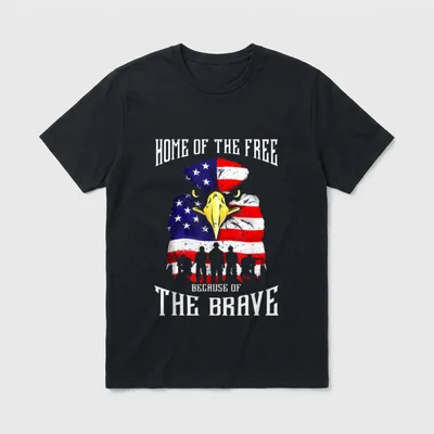 Patriotic Military Heroes T-Shirt – HOME OF THE FREE BECAUSE OF THE BRAVE with eagle and flag – Classic T-Shirt in Black