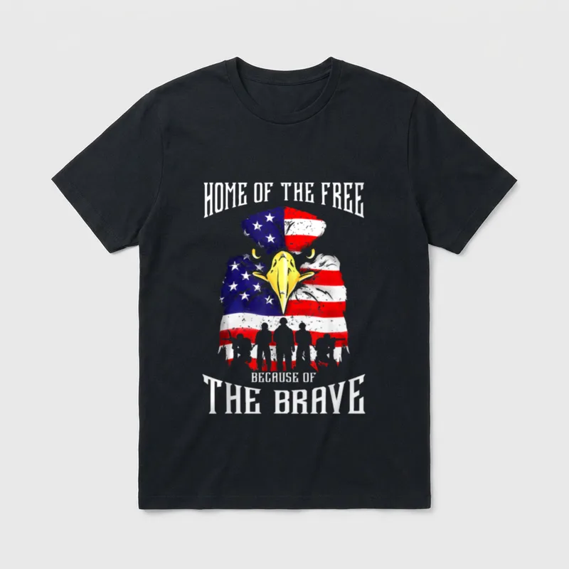 Patriotic Military Heroes T-Shirt – HOME OF THE FREE BECAUSE OF THE BRAVE with eagle and flag – Classic T-Shirt in Black