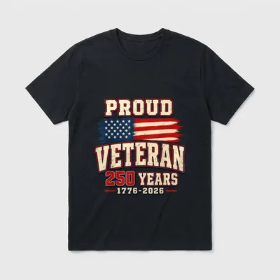 Proud Veteran America T-Shirt – PROUD VETERAN 250 YEARS 1776–2026 text with American flag – Classic T-Shirt in Black
