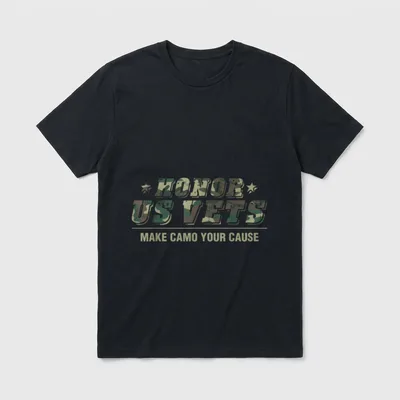 Honor US Veterans T-Shirt – Camo-filled text reading Honor US Vets and Make Camo Your Cause – Classic T-Shirt in Black