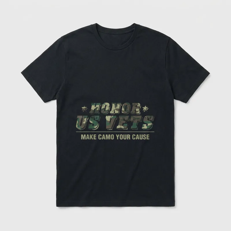 Honor US Veterans T-Shirt – Camo-filled text reading Honor US Vets and Make Camo Your Cause – Classic T-Shirt in Black