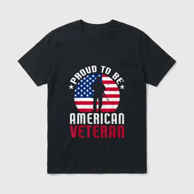 Military Service Pride T-Shirt – PROUD TO BE AMERICAN VETERAN with flag-filled soldier silhouette – Classic T-Shirt in Black