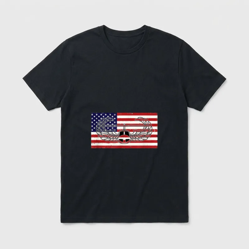 Military Air Assault Flag T-Shirt – Air Assault wings emblem over distressed American flag – Classic T-Shirt in Black