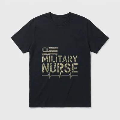 VA Nursing Corps American T-Shirt – "MILITARY NURSE" in camo lettering with heartbeat line – Classic T-Shirt in Black