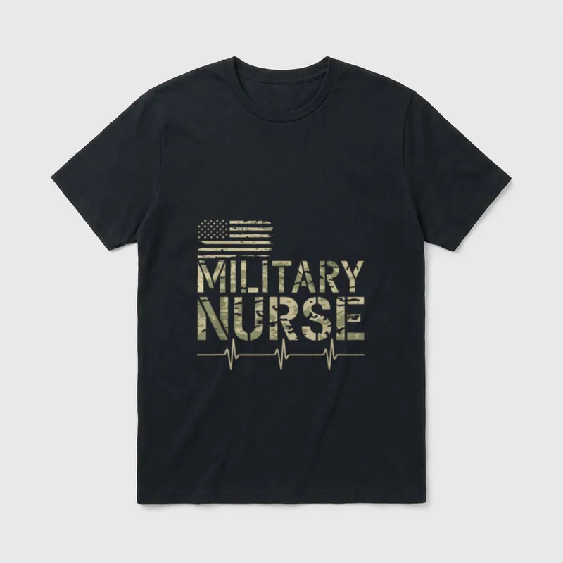 VA Nursing Corps American T-Shirt – "MILITARY NURSE" in camo lettering with heartbeat line – Classic T-Shirt in Black