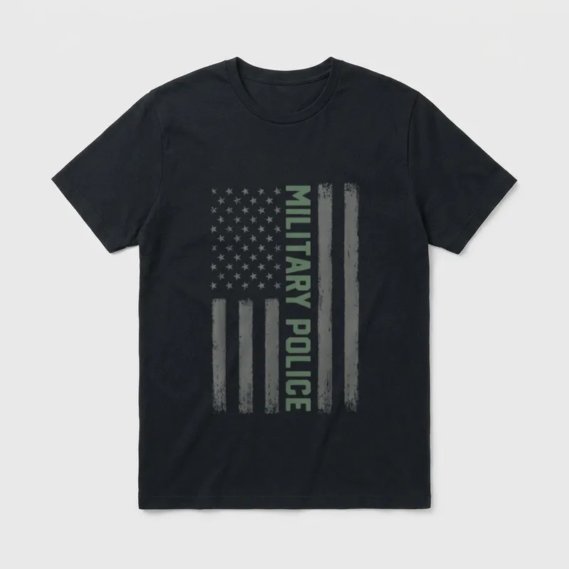 Proud USA Military Police T-Shirt – Military Police in green letters with faded stars and stripes – Classic T-Shirt in Black