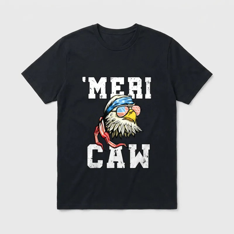 Bald Eagle Patriotic T-Shirt – "MERICA CAN" with bald eagle in flag sunglasses and blue bandana – Classic T-Shirt in Black
