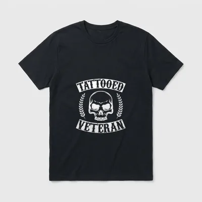 Tattooed Veteran Skull T-Shirt – Skull with "TATTOOED" and "VETERAN" text, laurel branches – Classic T-Shirt in Black