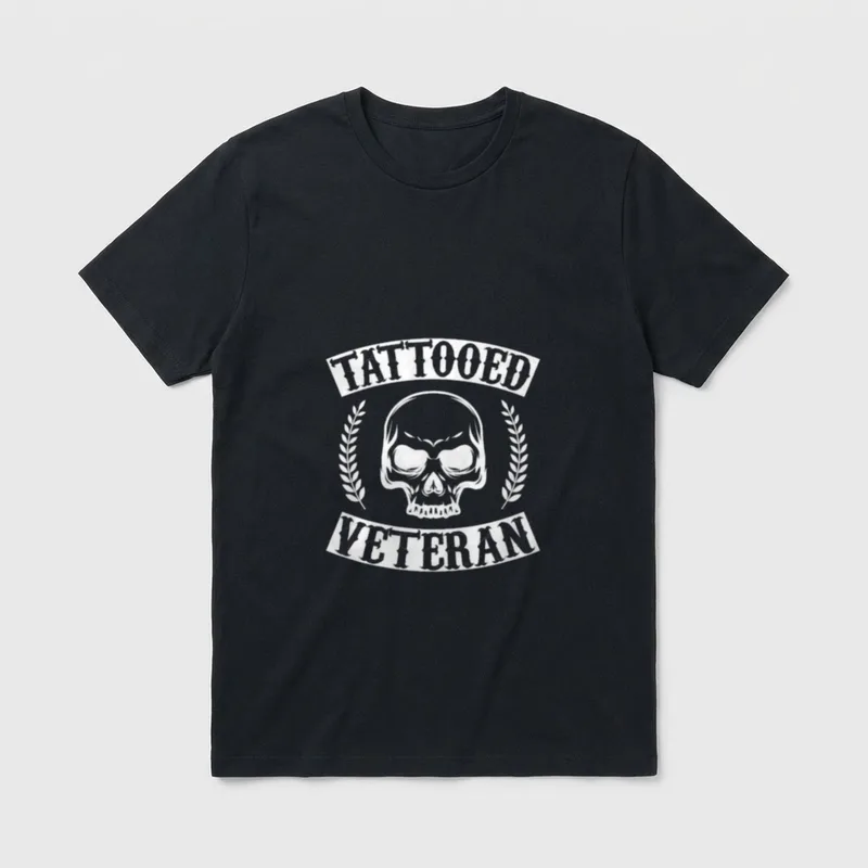 Tattooed Veteran Skull T-Shirt – Skull with "TATTOOED" and "VETERAN" text, laurel branches – Classic T-Shirt in Black
