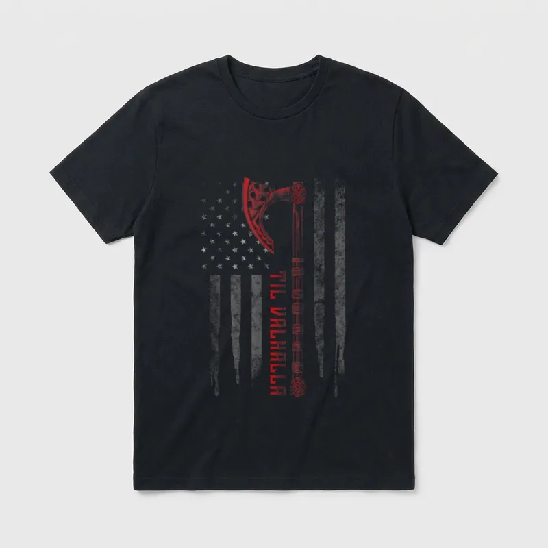 Patriotic Veteran Til Valhalla T-Shirt – "TIL VALHALLA" text with axe and flag motifs – Classic T-Shirt in Black