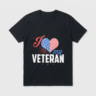 Proud Veteran Heart T-Shirt – I Love My Veteran text with heart split by American flag – Classic T-Shirt in Black