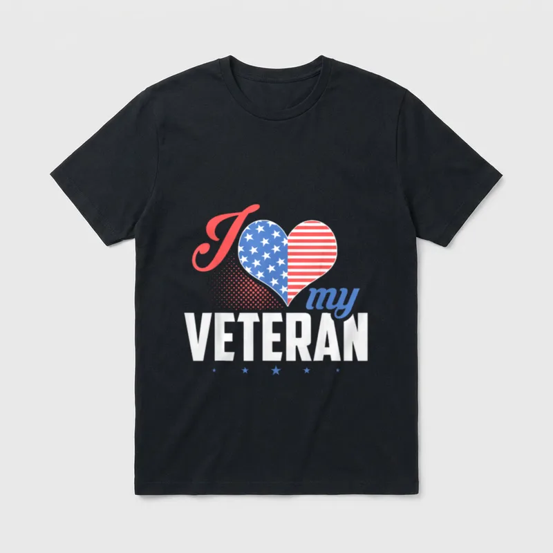 Proud Veteran Heart T-Shirt – I Love My Veteran text with heart split by American flag – Classic T-Shirt in Black