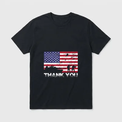Thank You American Flag 4th T-Shirt – American flag with soldier silhouettes and THANK YOU text – Classic T-Shirt in Black