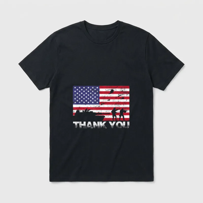 Thank You American Flag 4th T-Shirt – American flag with soldier silhouettes and THANK YOU text – Classic T-Shirt in Black