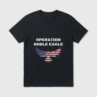Operation Noble Eagle T-Shirt – Distressed eagle with American flag wings and stencil text – Classic T-Shirt in Black