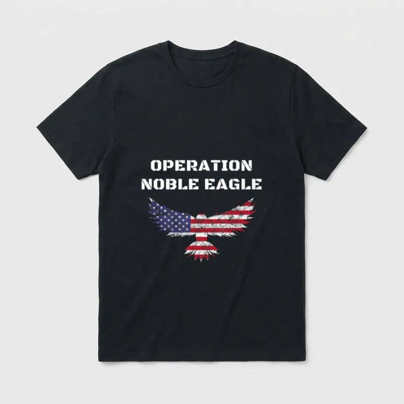 Operation Noble Eagle T-Shirt – Distressed eagle with American flag wings and stencil text – Classic T-Shirt in Black