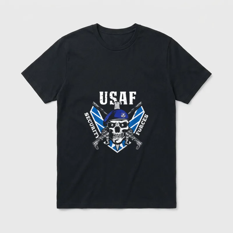 Security Forces Veteran T-Shirt – "USAF SECURITY FORCES" with tactical skull and beret – Classic T-Shirt in Black