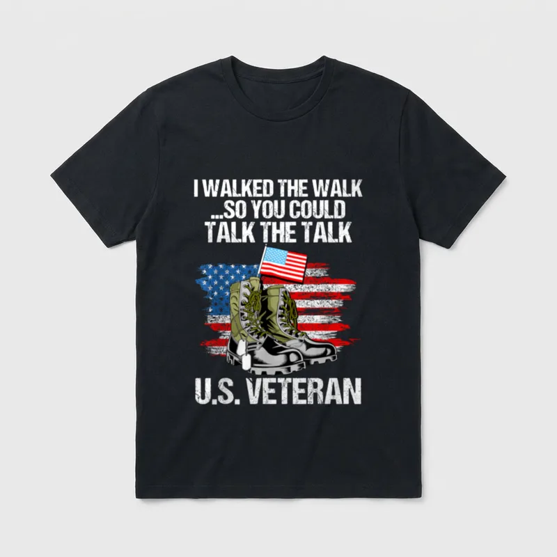Talk Talk U S Veteran T-Shirt – Combat boots holding American flag with veteran service message – Classic T-Shirt in Black