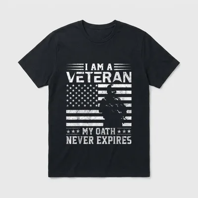 Veterans Day Honoring Service T-Shirt – I AM A VETERAN MY OATH NEVER EXPIRES with stars and flag – Classic T-Shirt in Black