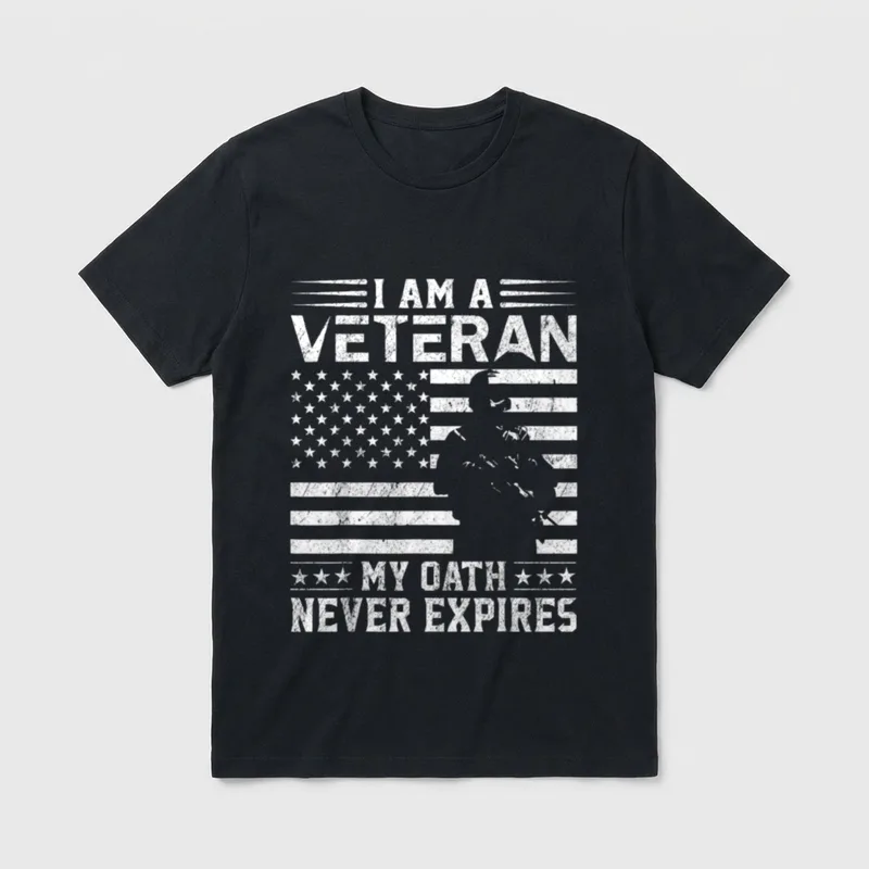 Veterans Day Honoring Service T-Shirt – I AM A VETERAN MY OATH NEVER EXPIRES with stars and flag – Classic T-Shirt in Black