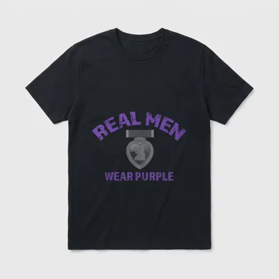 Real Men Wear Purple Veteran T-Shirt – Purple Heart medal and text reading Real Men Wear Purple – Classic T-Shirt in Black
