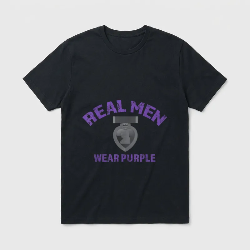 Real Men Wear Purple Veteran T-Shirt – Purple Heart medal and text reading Real Men Wear Purple – Classic T-Shirt in Black