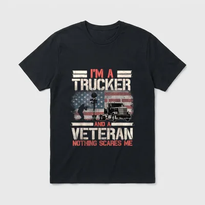 Veteran Trucker T-Shirt – I'M A TRUCKER AND A VETERAN NOTHING SCARES ME with truck and memorial – Classic T-Shirt in Black
